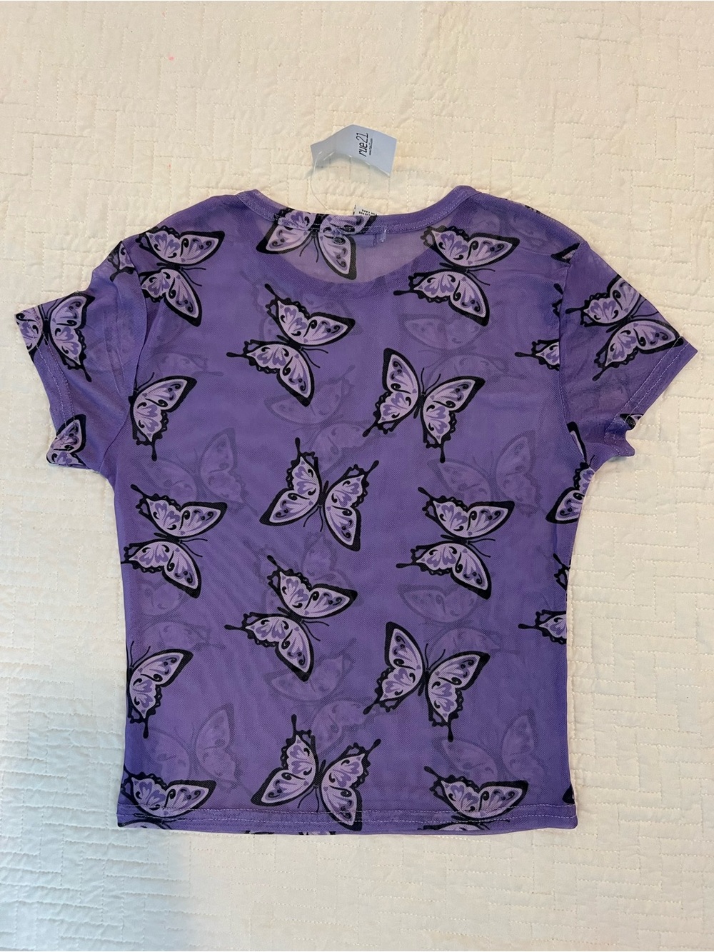 VTG Y2K Purple Butterfly Print Sheer Mesh Crop Top Baby Tee XS Festival Fairy - Picture 7 of 8